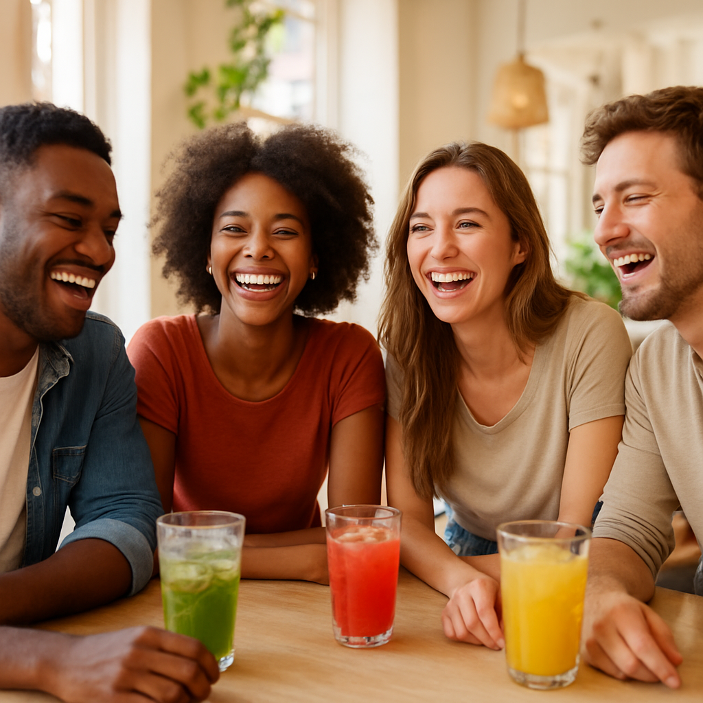 Friends laughing together at Nebula Cafe